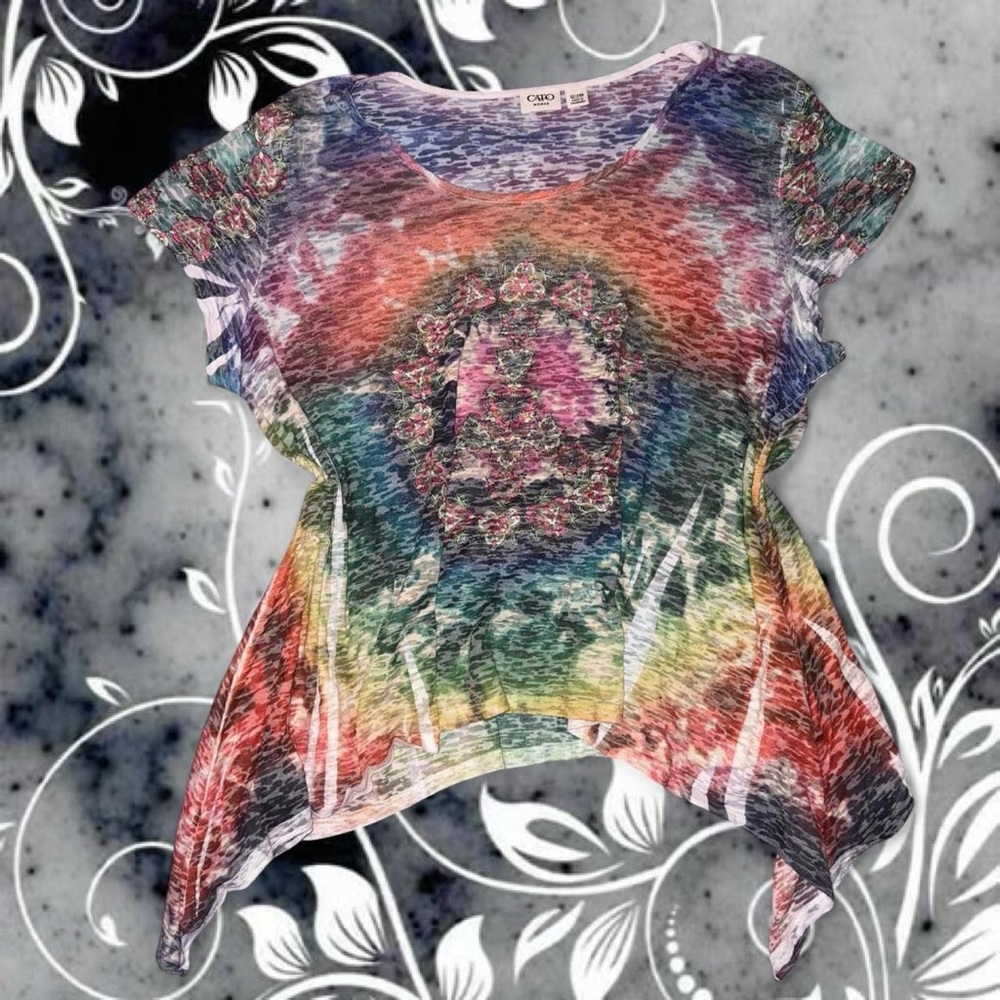 vtg y2k cato rainbow burnout sublimated handkerchief hem fairy top, fits md/lg